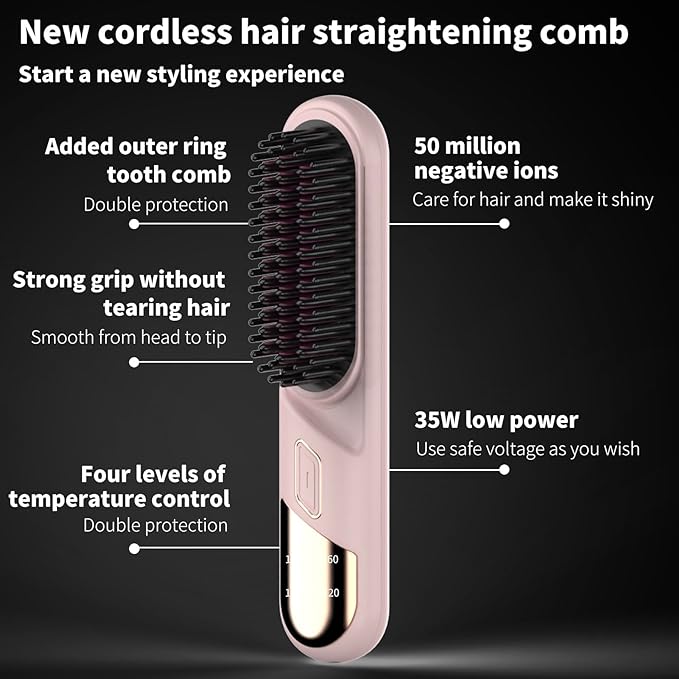 Cordless Straightener Straight Hair Brush, Negative ion Thermal Hair Care Portable Mini Straight Hair Comb, Dual use Straight curl and Smooth Hair Quality, 360 ° Anti Scald, USB Charging