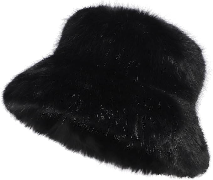 Fuzzy Wide Brim Faux Fur Bucket Hat Winter Warmer Fisherman Cap