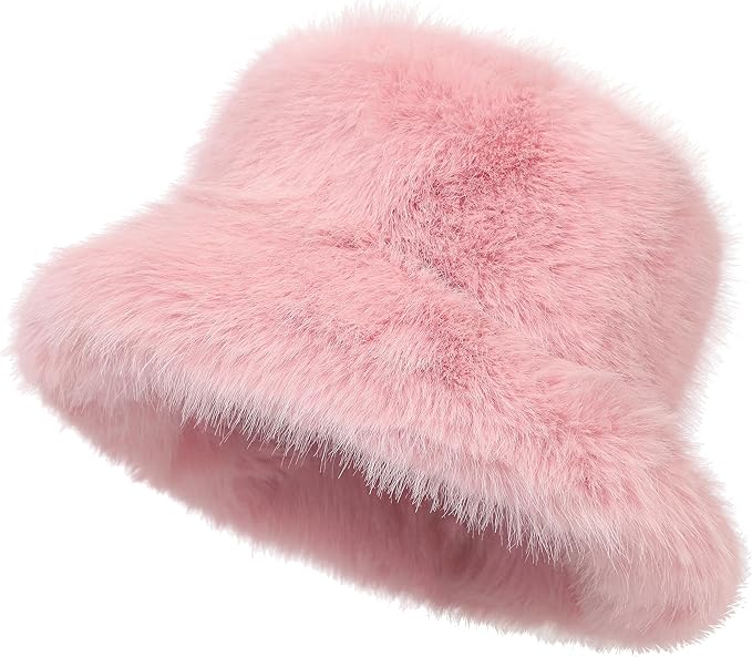 Fuzzy Wide Brim Faux Fur Bucket Hat Winter Warmer Fisherman Cap